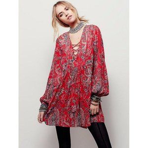 Free People Rain or Shine Poppy Combo Dress Red Paisley Bohemian